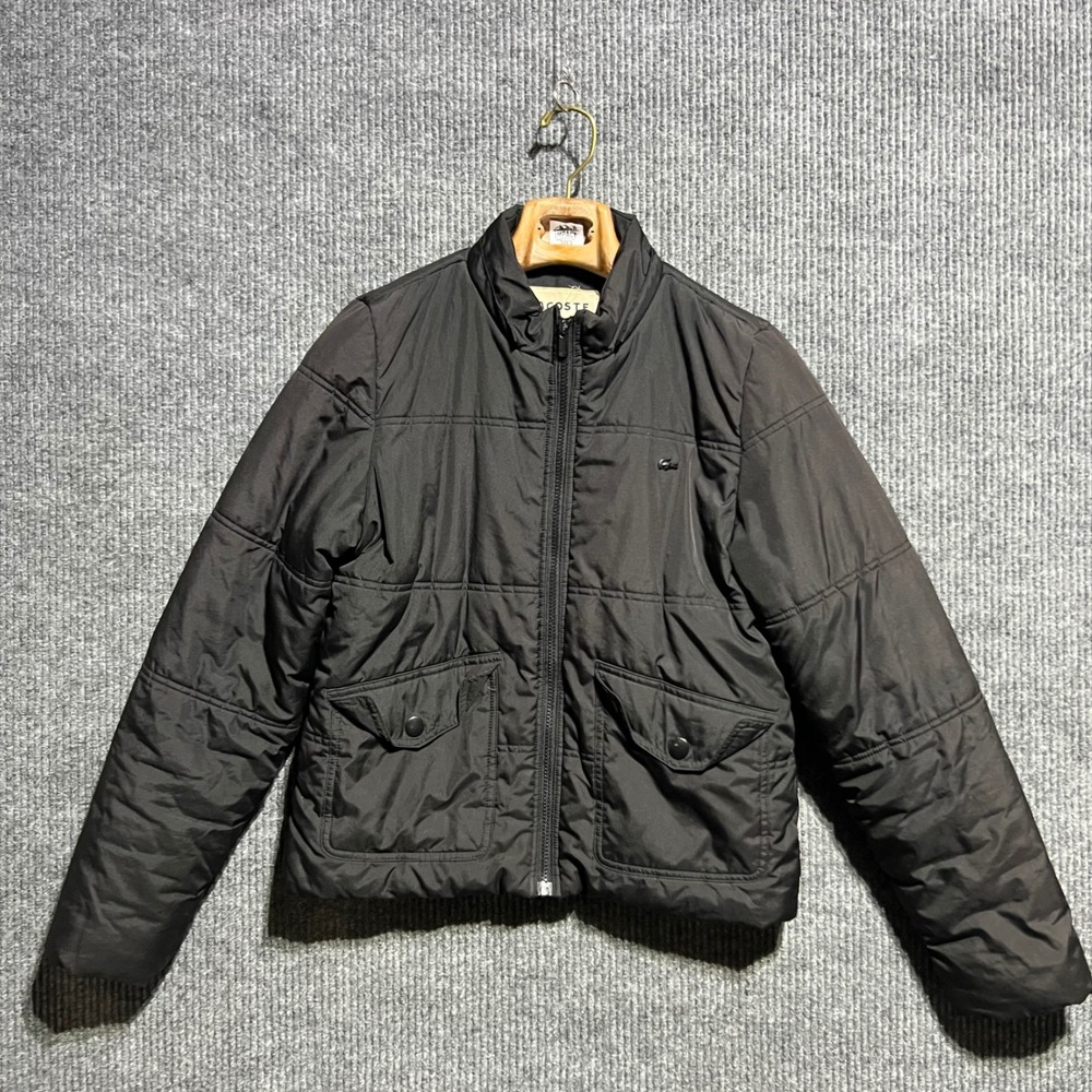 Lacoste Puffer Jacket Mens Medium 40 Black Quilted Full Zip Mock Neck Designer